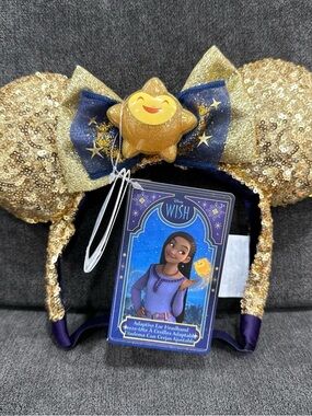 DISNEY PARKS 2023 Wish Star Film Sequined Minnie Ear Headband EARS Gold Blue NWT